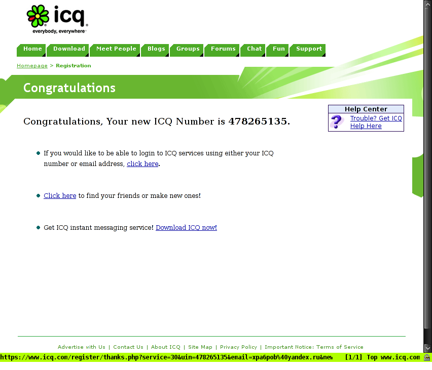 icq.com : Регистрация завершена успешно